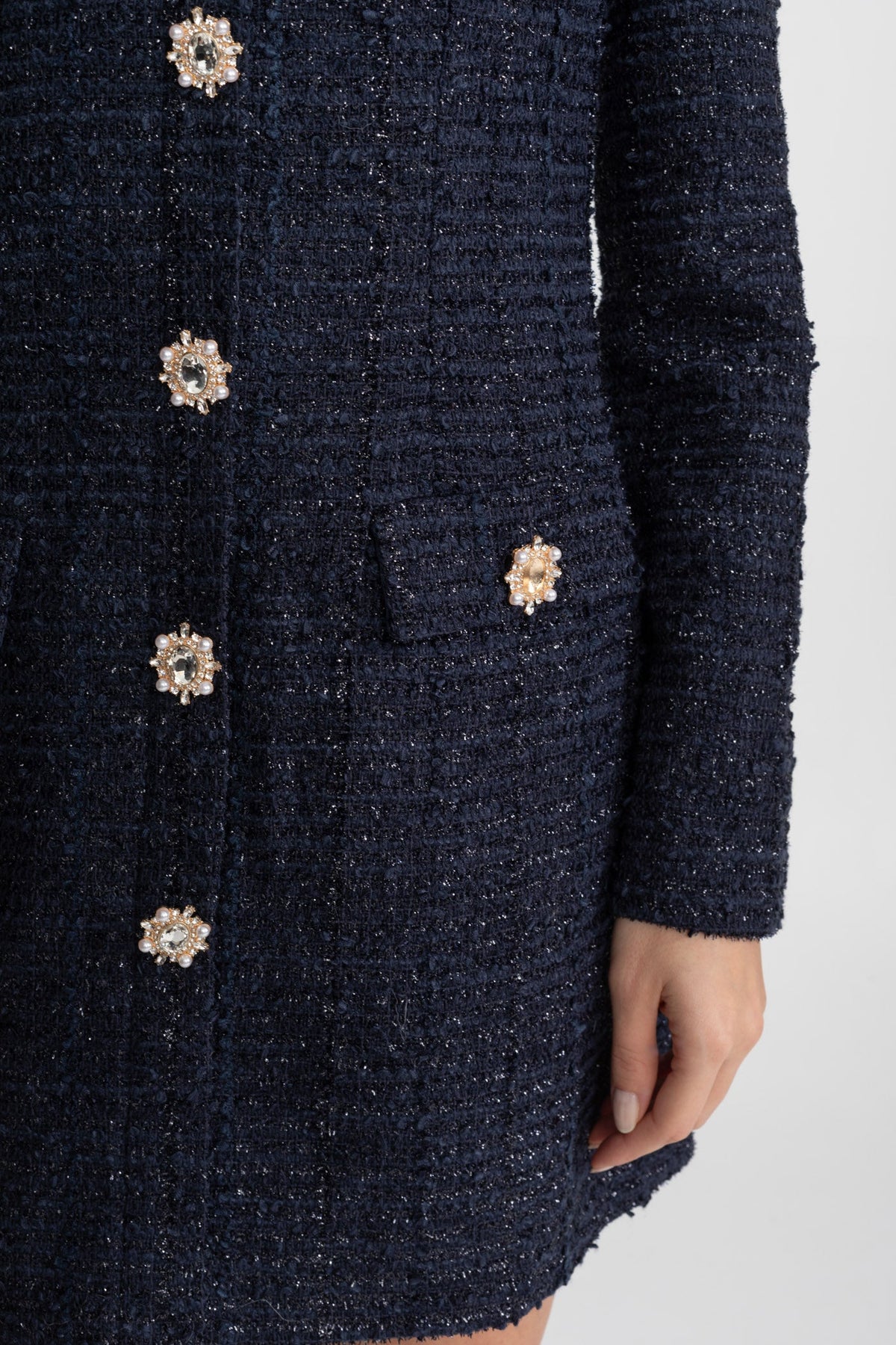 Vestido Mini de Tweed Texturizado con Botones de Cristal – Azul Marino