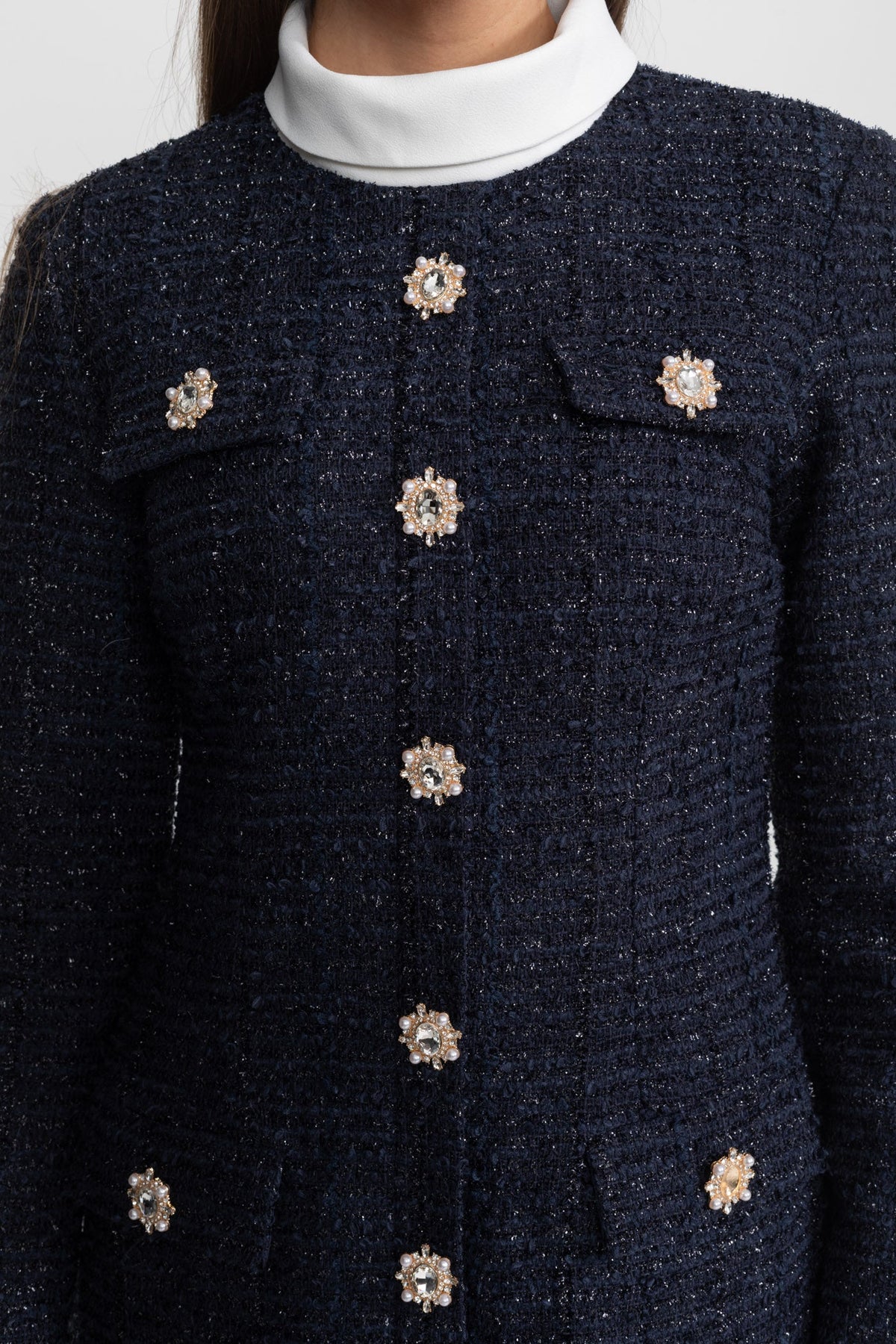 Vestido Mini de Tweed Texturizado con Botones de Cristal – Azul Marino