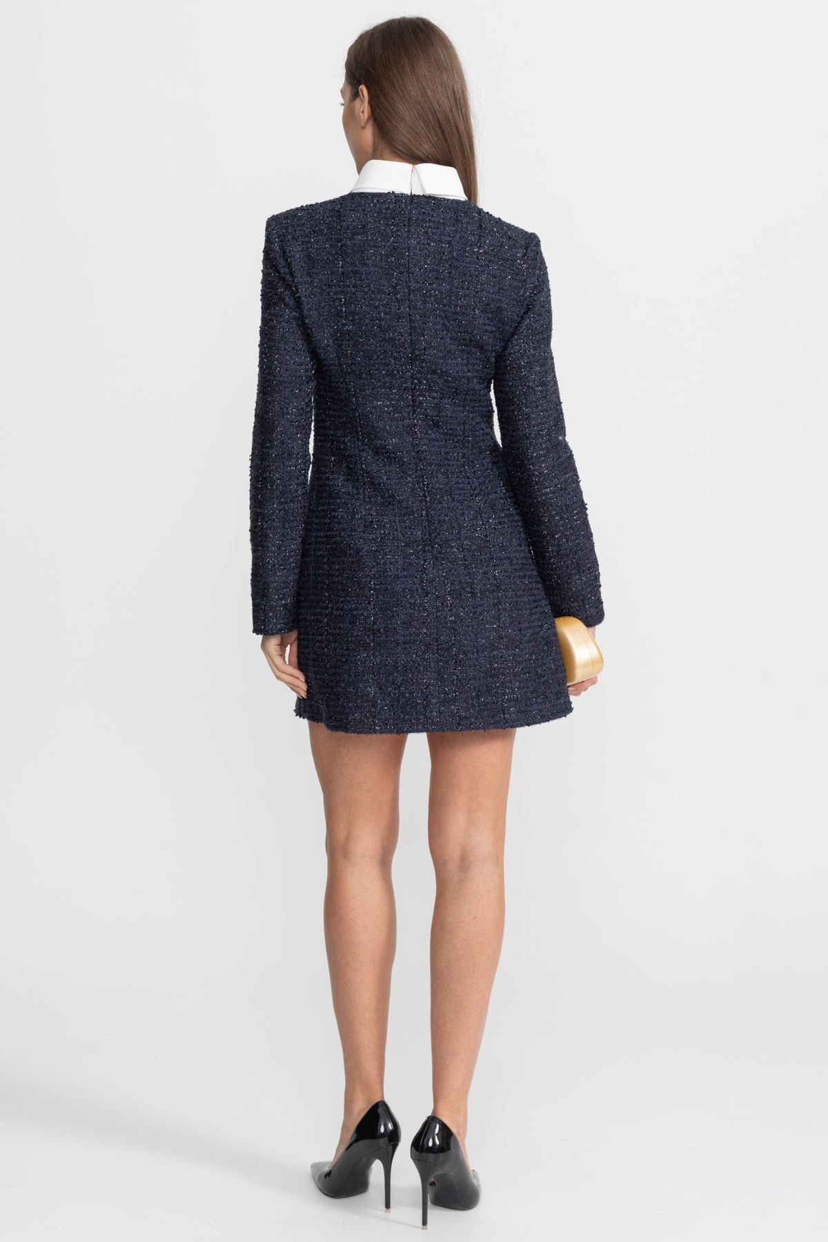 Vestido Mini de Tweed Texturizado con Botones de Cristal – Azul Marino