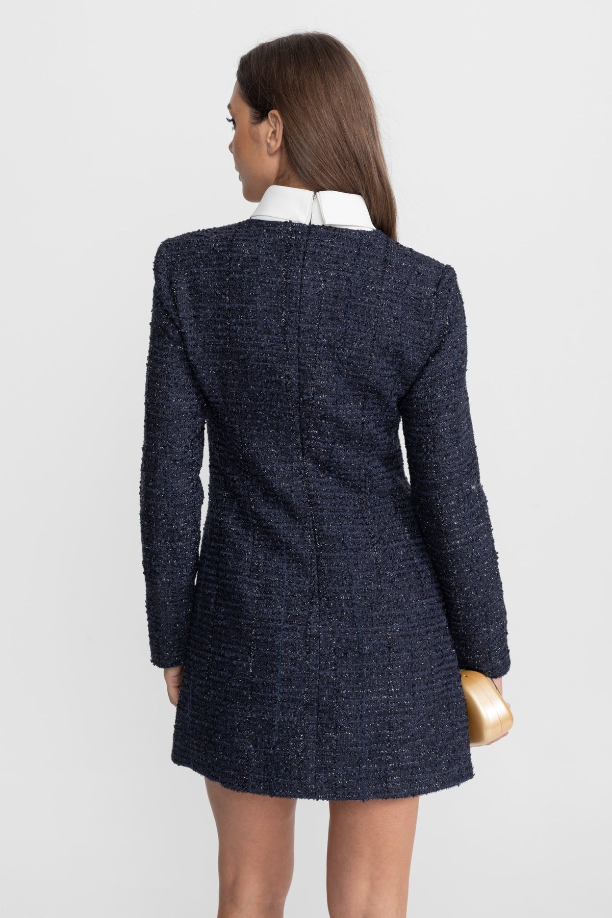 Vestido Mini de Tweed Texturizado con Botones de Cristal – Azul Marino