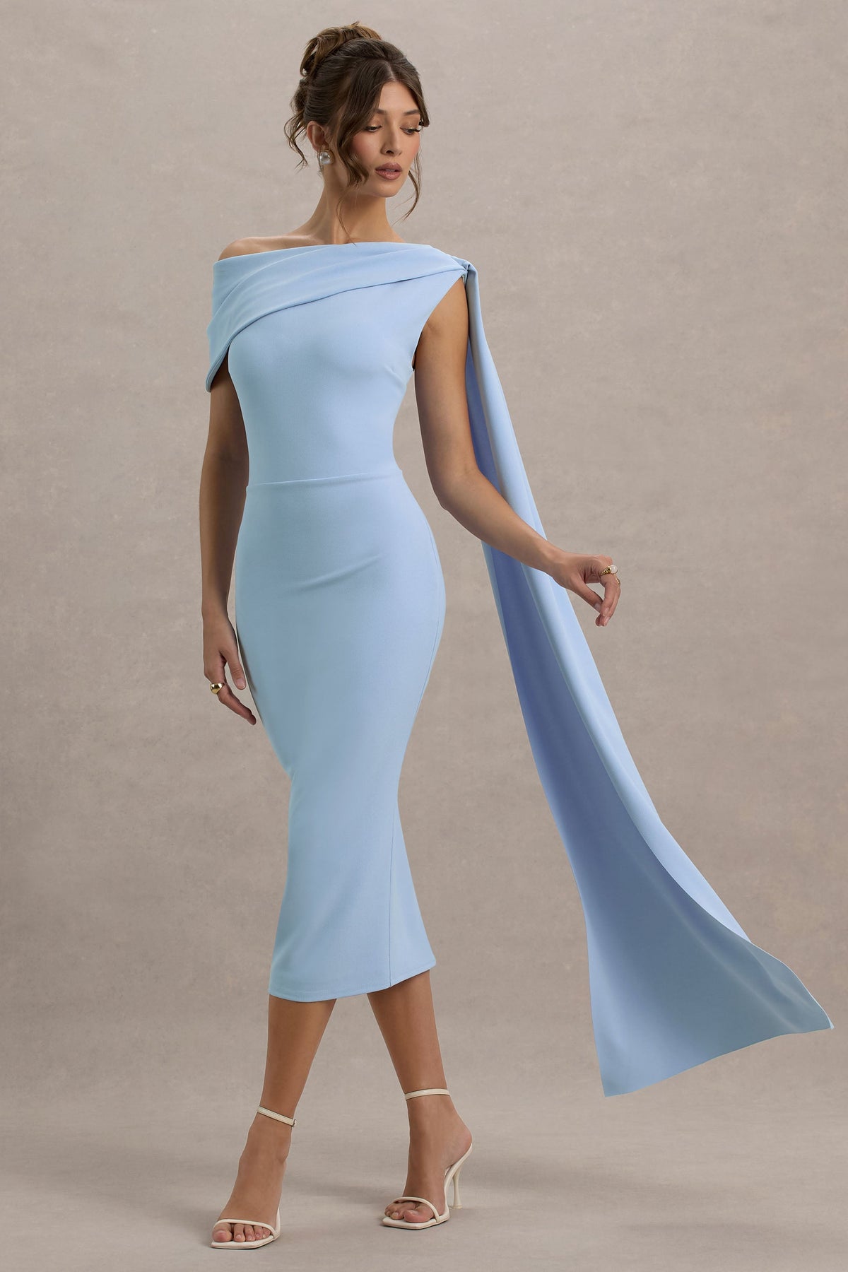 Niamh | Vestido Midi Azul Polvo Asimétrico Con Drapeado
