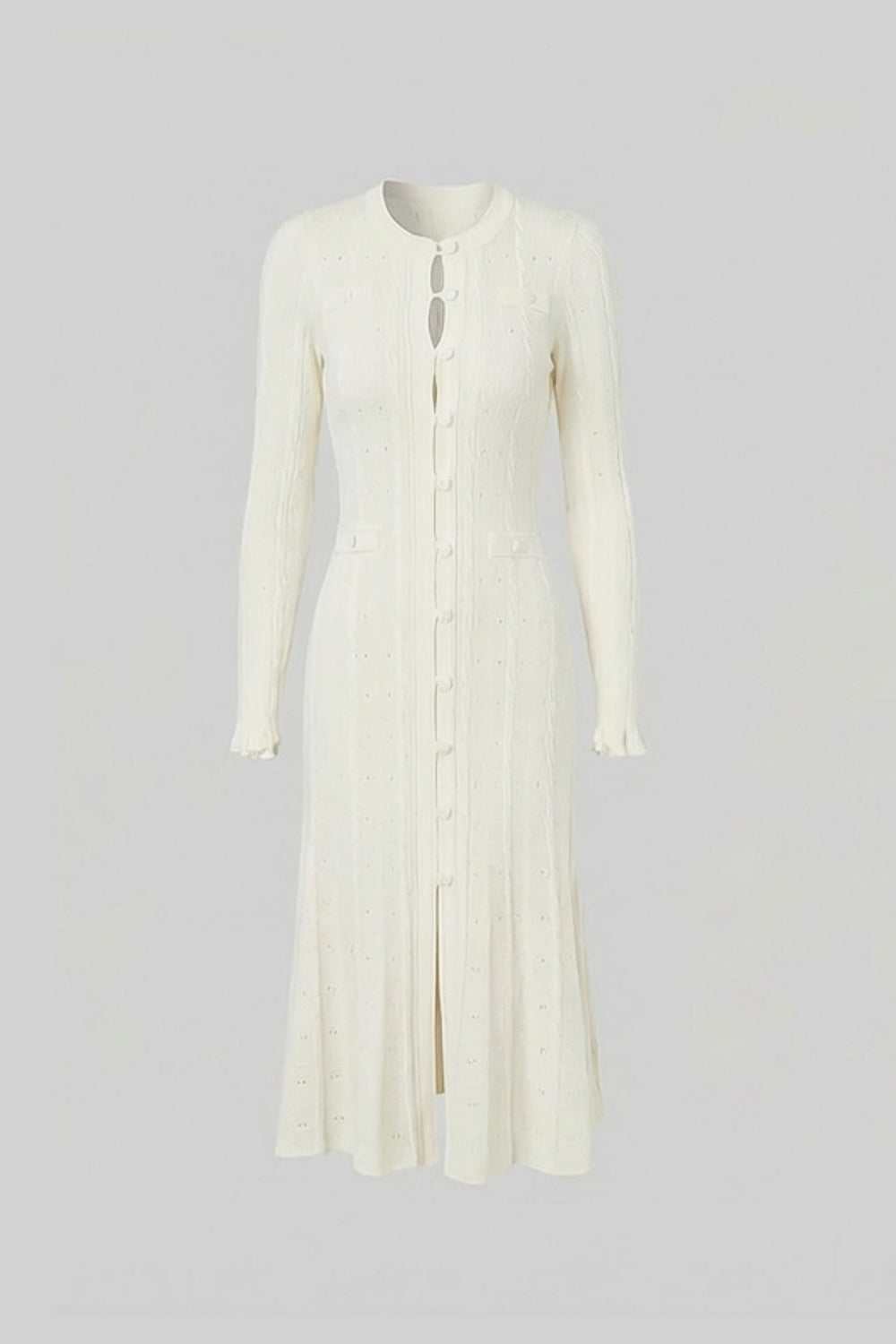 Vestido Midi de Punto con Botones y Detalle Calado – Marfil
