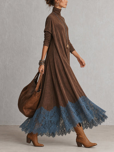 BRUNELLA | Elegante vestido largo efecto ante con refinado dobladillo de encaje