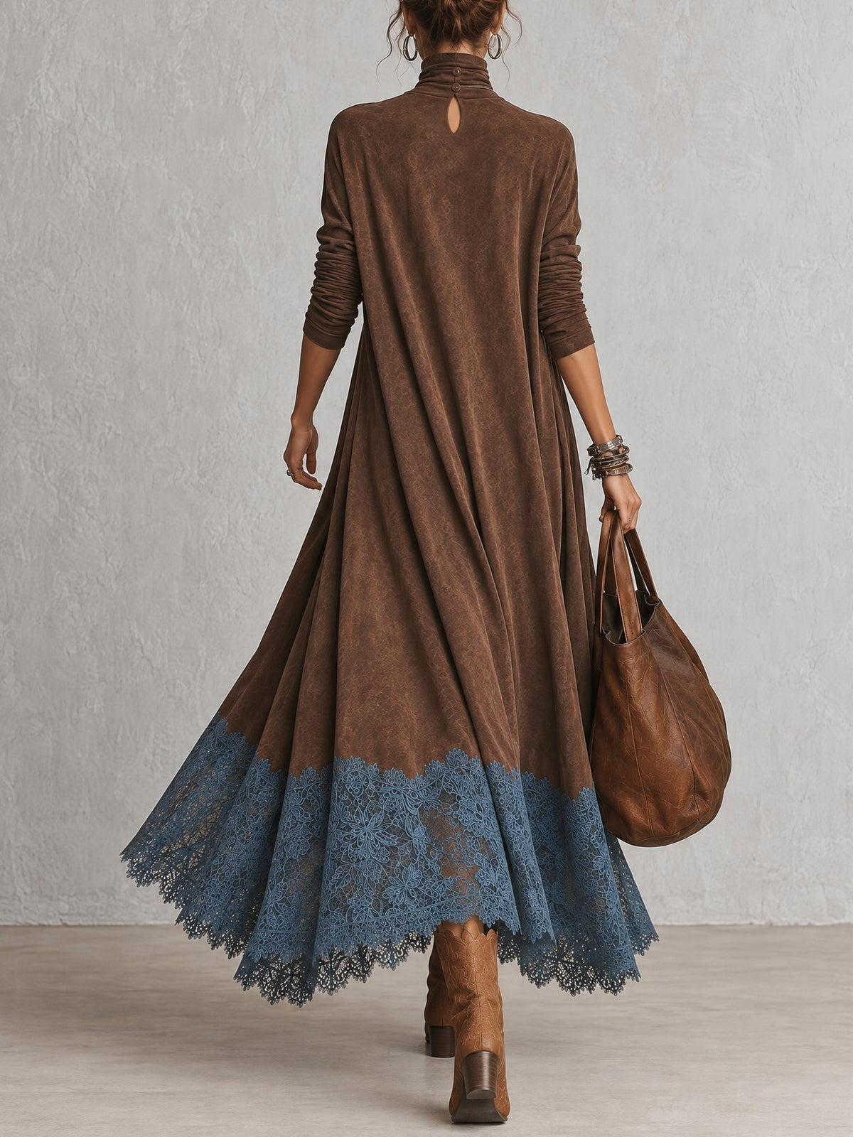 BRUNELLA | Elegante vestido largo efecto ante con refinado dobladillo de encaje