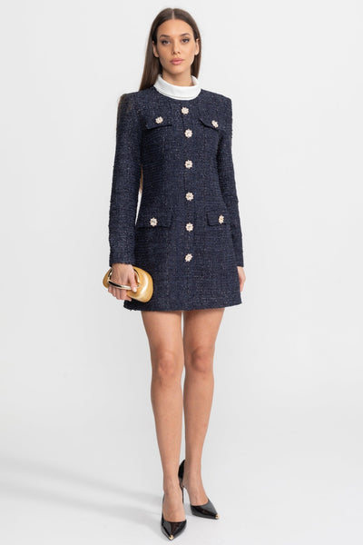 Vestido Mini de Tweed Texturizado con Botones de Cristal – Azul Marino