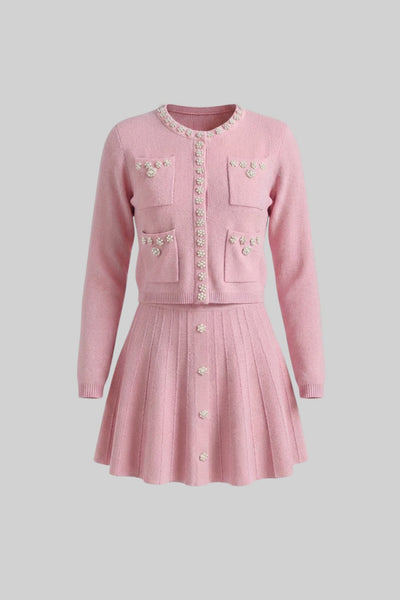 Conjunto de Punto con Cárdigan y Minifalda – Rosa Empolvado