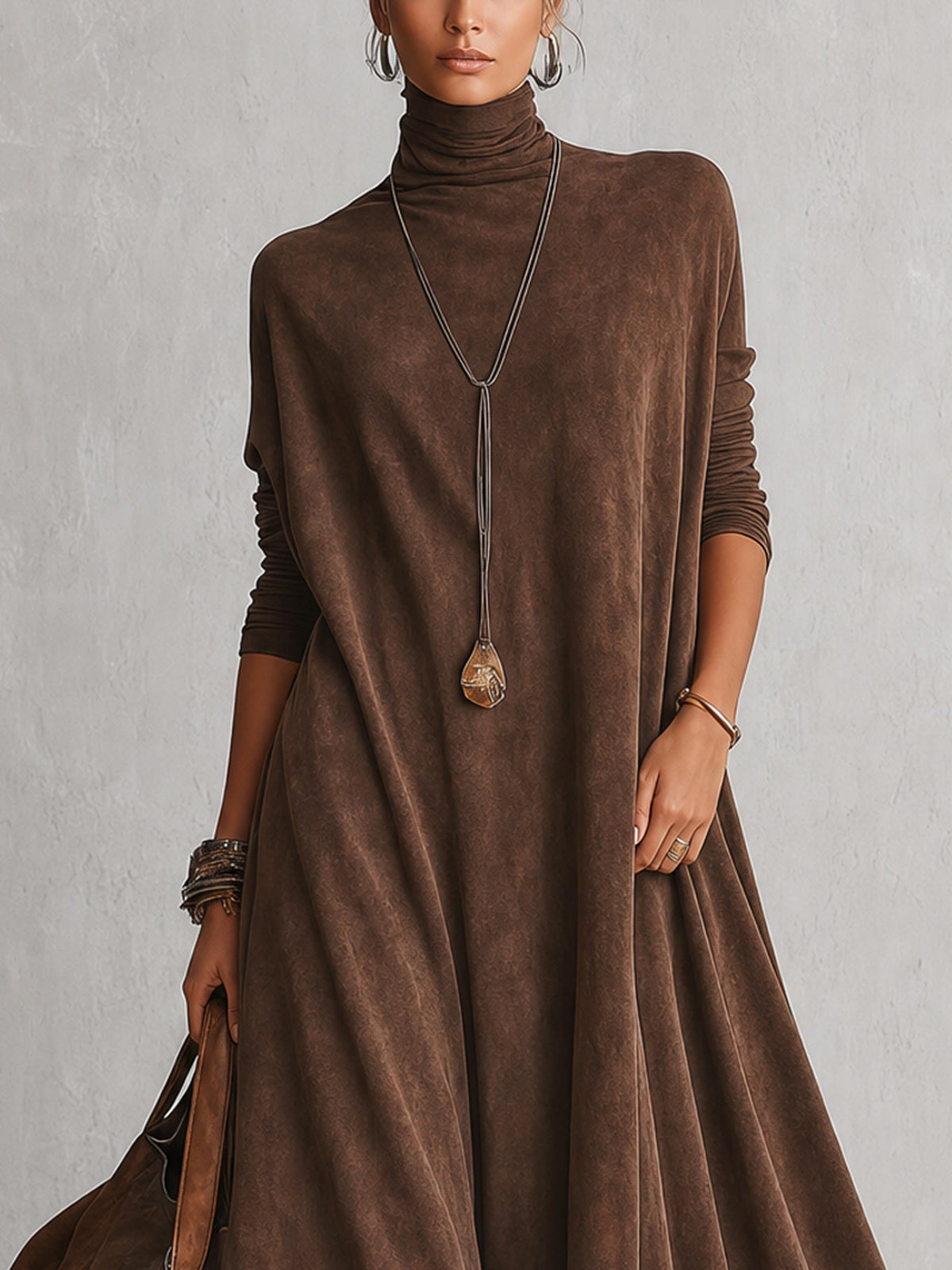 BRUNELLA | Elegante vestido largo efecto ante con refinado dobladillo de encaje