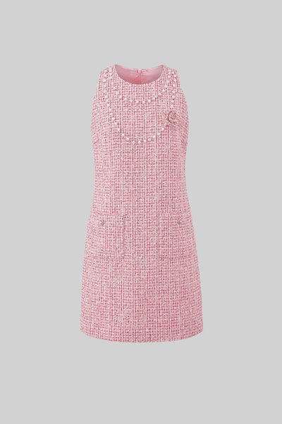 Vestido Mini de Tweed sin Mangas con Perlas – Rosa