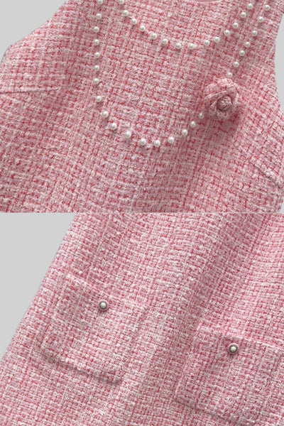 Vestido Mini de Tweed sin Mangas con Perlas – Rosa