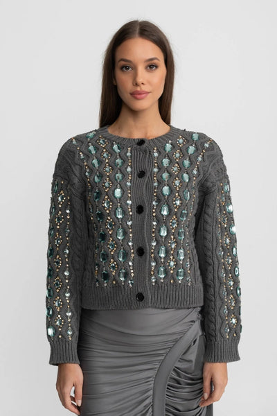Cárdigan de Punto Trenzado con Piedras Decorativas – Gris Marengo
