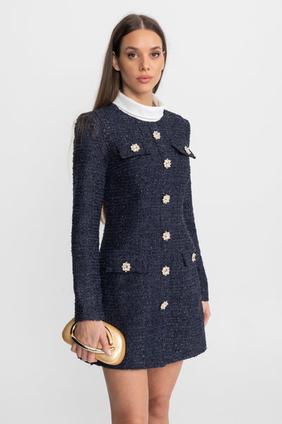 Vestido Mini de Tweed Texturizado con Botones de Cristal – Azul Marino