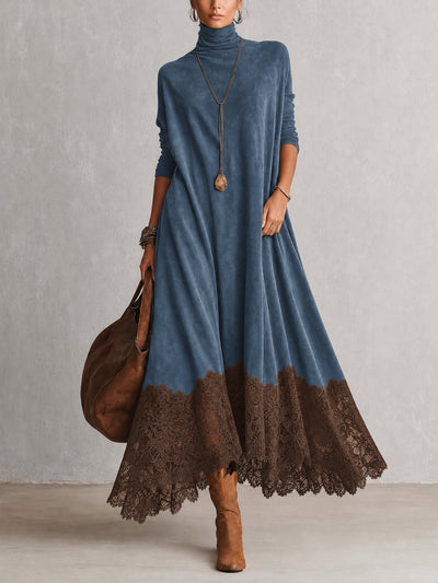 BRUNELLA | Elegante vestido largo efecto ante con refinado dobladillo de encaje