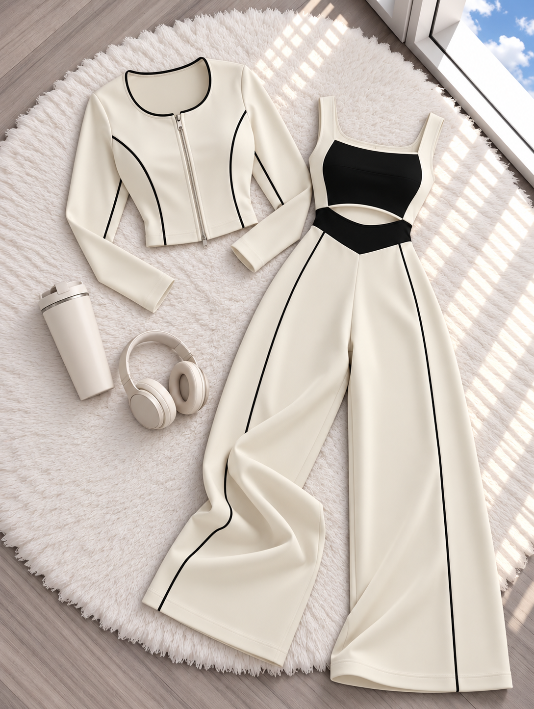 Conjunto Bicolor | Chaqueta con cremallera, top y pantalón palazzo