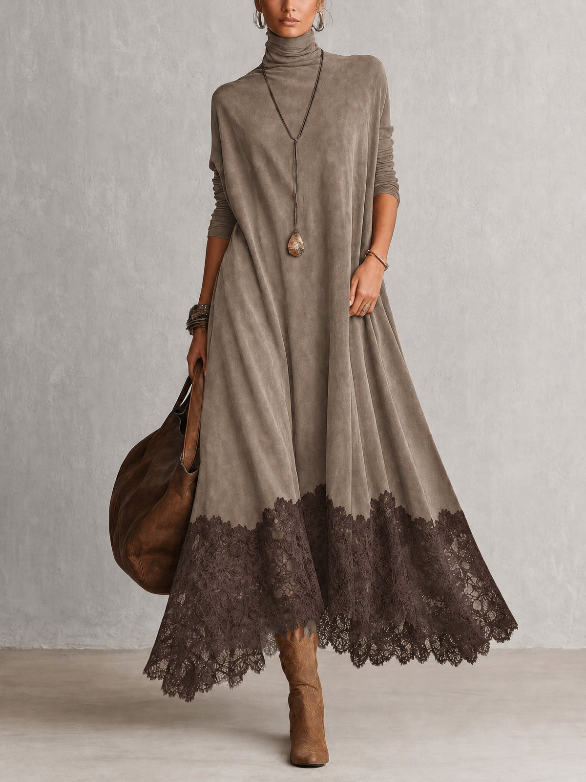 BRUNELLA | Elegante vestido largo efecto ante con refinado dobladillo de encaje