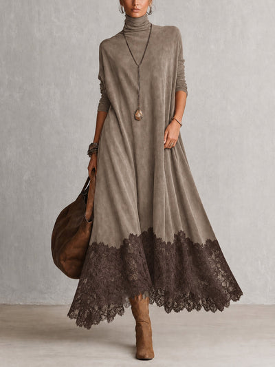BRUNELLA | Elegante vestido largo efecto ante con refinado dobladillo de encaje
