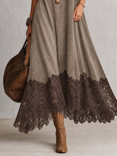 BRUNELLA | Elegante vestido largo efecto ante con refinado dobladillo de encaje