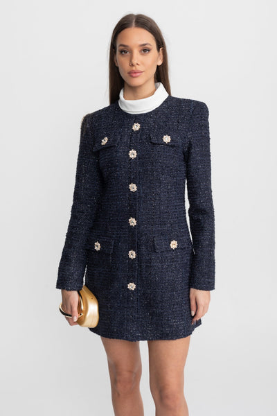 Vestido Mini de Tweed Texturizado con Botones de Cristal – Azul Marino