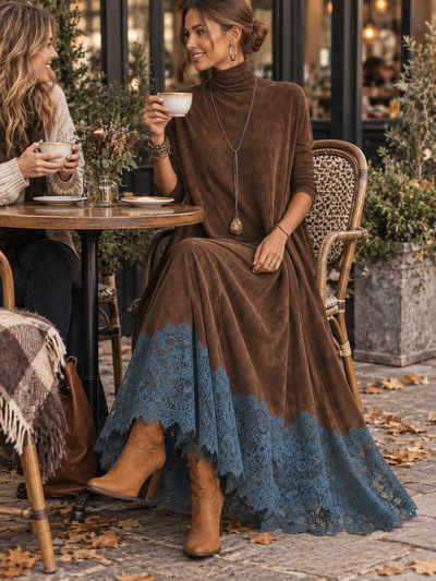 BRUNELLA | Elegante vestido largo efecto ante con refinado dobladillo de encaje