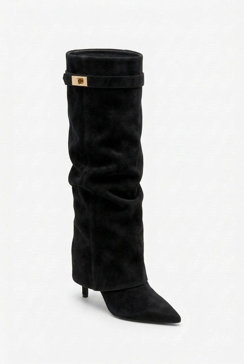 Botas altas por encima de la rodilla con vuelta y elegante hebilla dorada