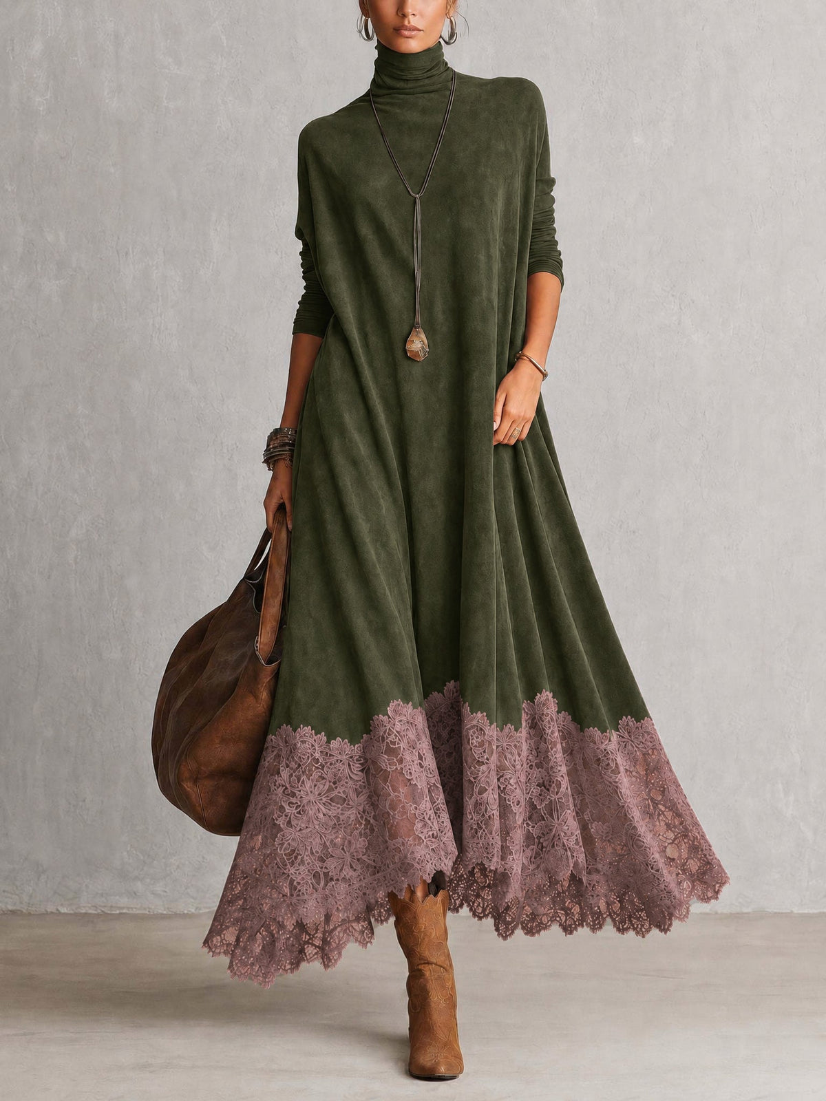 BRUNELLA | Elegante vestido largo efecto ante con refinado dobladillo de encaje