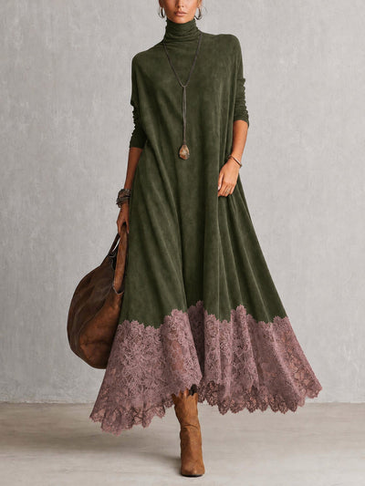 BRUNELLA | Elegante vestido largo efecto ante con refinado dobladillo de encaje