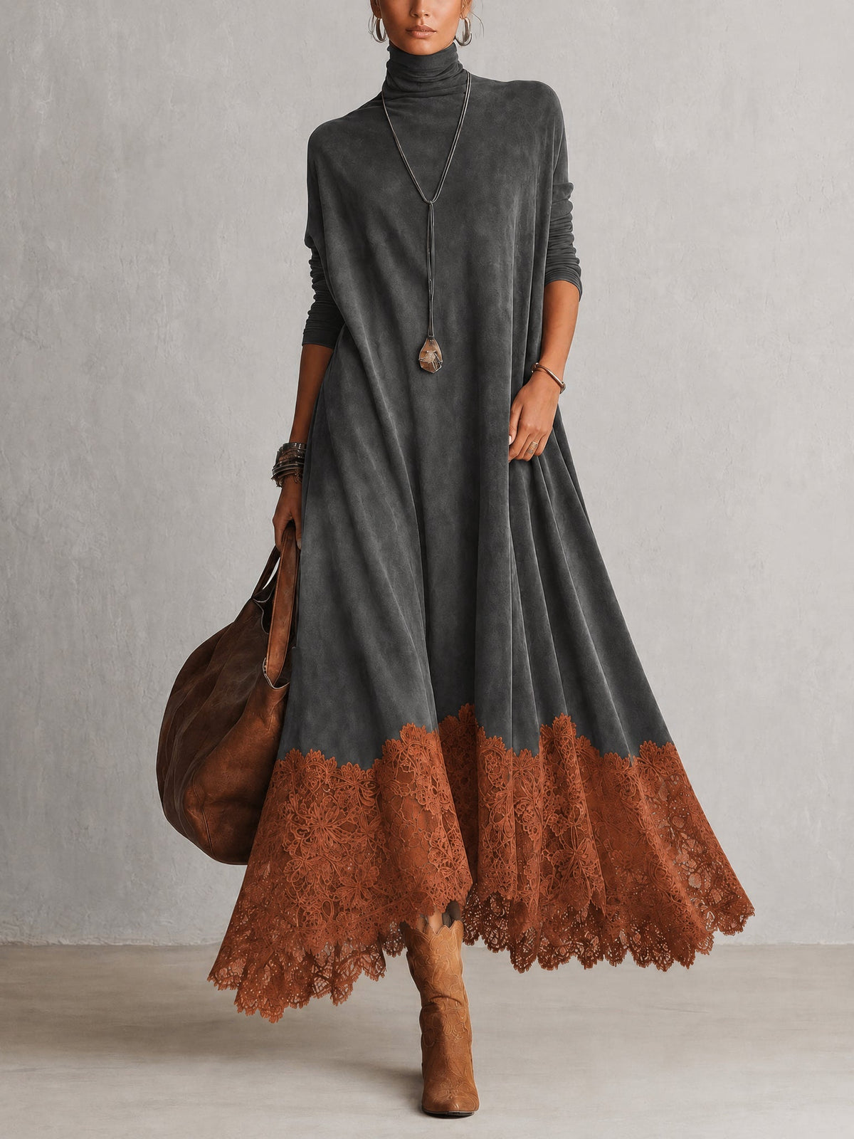 BRUNELLA | Elegante vestido largo efecto ante con refinado dobladillo de encaje