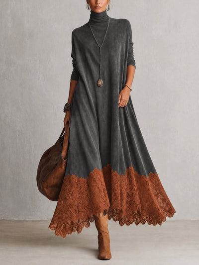 BRUNELLA | Elegante vestido largo efecto ante con refinado dobladillo de encaje