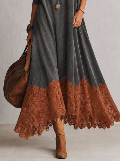 BRUNELLA | Elegante vestido largo efecto ante con refinado dobladillo de encaje