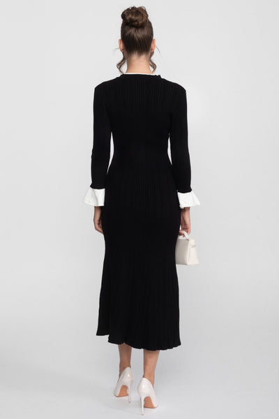 Vestido Midi de Punto Acanalado con Cuello y Puños Blancos – Negro
