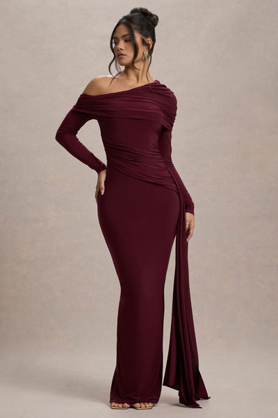 Valina | Vestido largo en Burdeos Fruncido Asimétrico con Caída