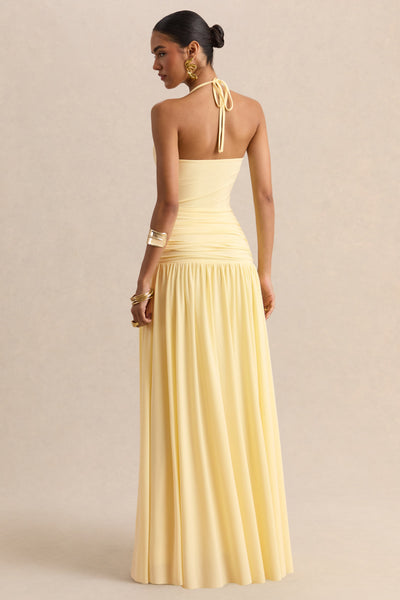 Nicolette | Limón Escote Cuadrado Vestido Largo con Detalle Fruncido