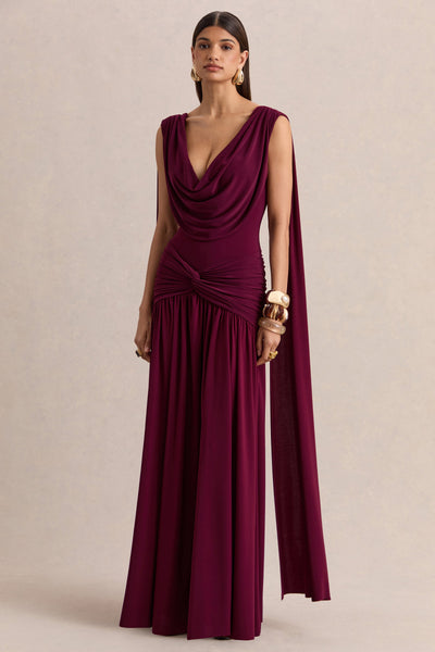 Amelisse | Vestido Largo Burdeos Con Escote Pronunciado Y Detalle Fruncido