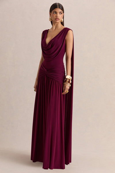 Amelisse | Vestido Largo Burdeos Con Escote Pronunciado Y Detalle Fruncido