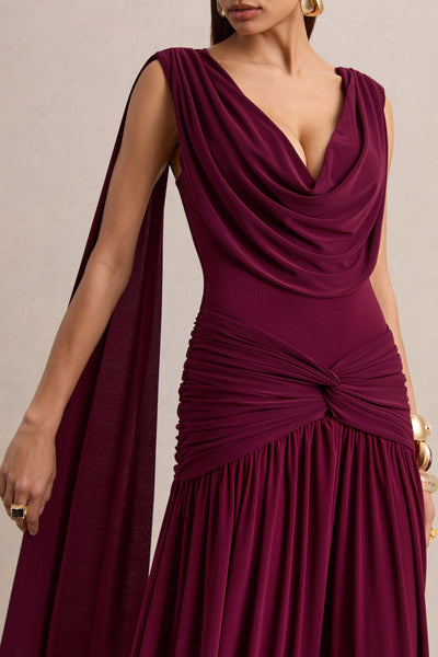Amelisse | Vestido Largo Burdeos Con Escote Pronunciado Y Detalle Fruncido