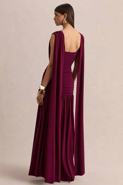 Amelisse | Vestido Largo Burdeos Con Escote Pronunciado Y Detalle Fruncido