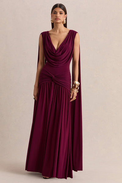 Amelisse | Vestido Largo Burdeos Con Escote Pronunciado Y Detalle Fruncido