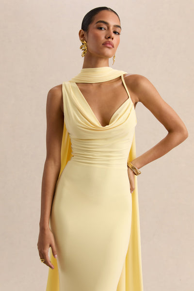 Armelia | Vestido Largo Color Limón De Jersey Elástico Con Escote Cowl Y Detalle De Bufanda
