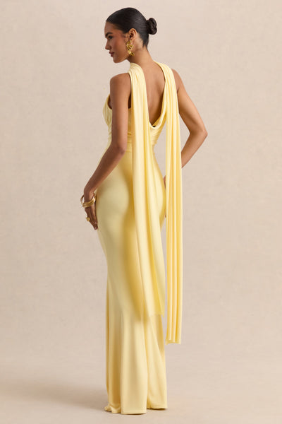 Armelia | Vestido Largo Color Limón De Jersey Elástico Con Escote Cowl Y Detalle De Bufanda
