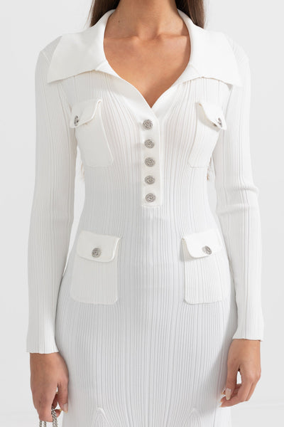 Vestido Elegante Acanalado de Manga Larga – Blanco
