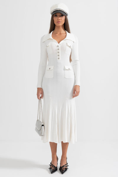 Vestido Elegante Acanalado de Manga Larga – Blanco