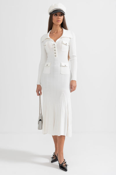 Vestido Elegante Acanalado de Manga Larga – Blanco