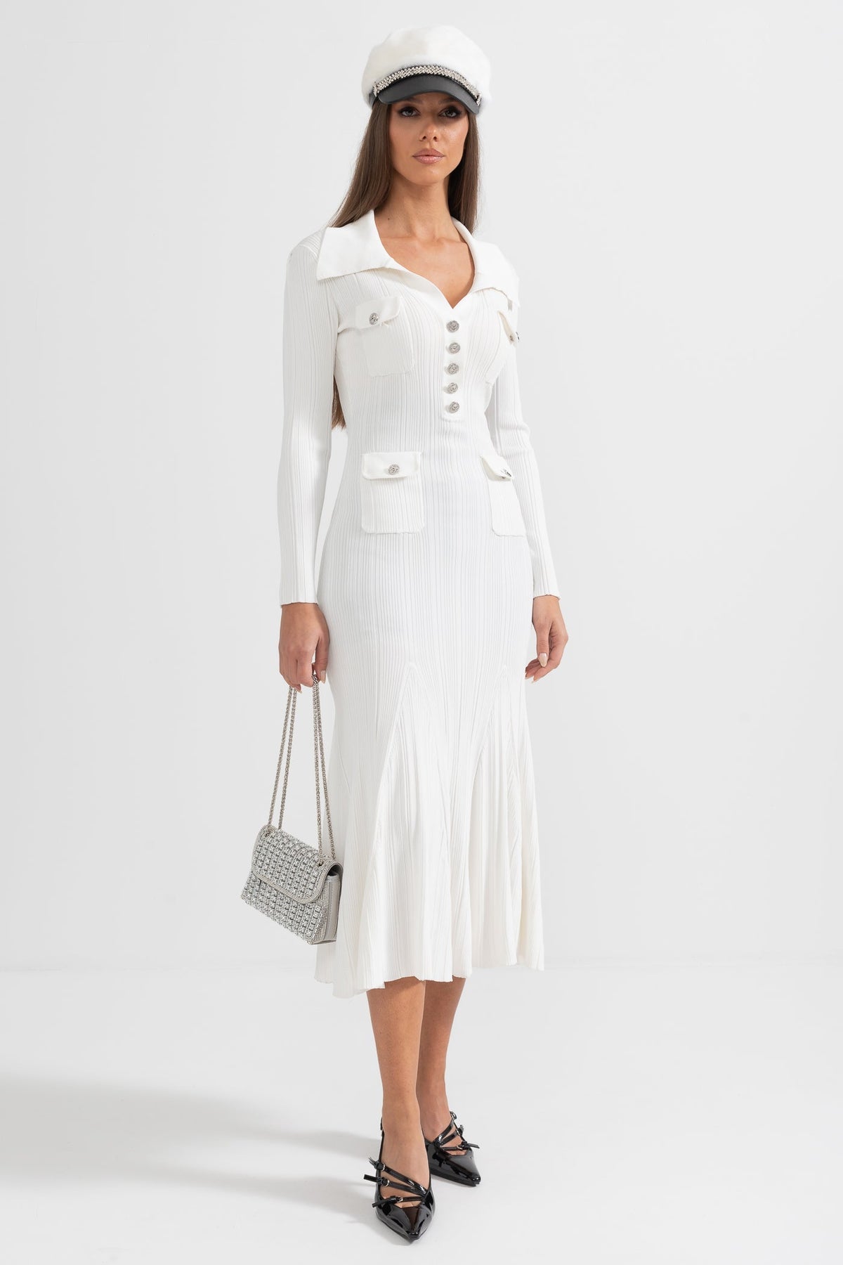 Vestido Elegante Acanalado de Manga Larga – Blanco