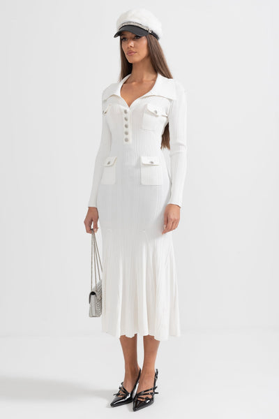 Vestido Elegante Acanalado de Manga Larga – Blanco