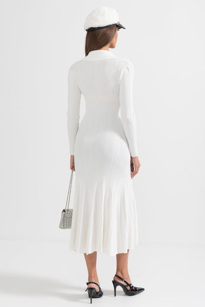 Vestido Elegante Acanalado de Manga Larga – Blanco
