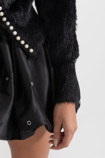Cárdigan Esponjoso con Detalles de Perlas – Negro