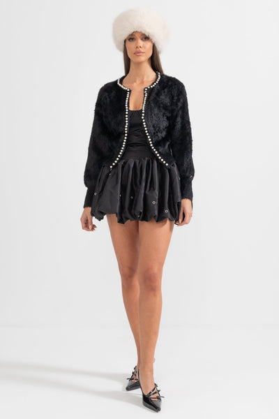 Cárdigan Esponjoso con Detalles de Perlas – Negro