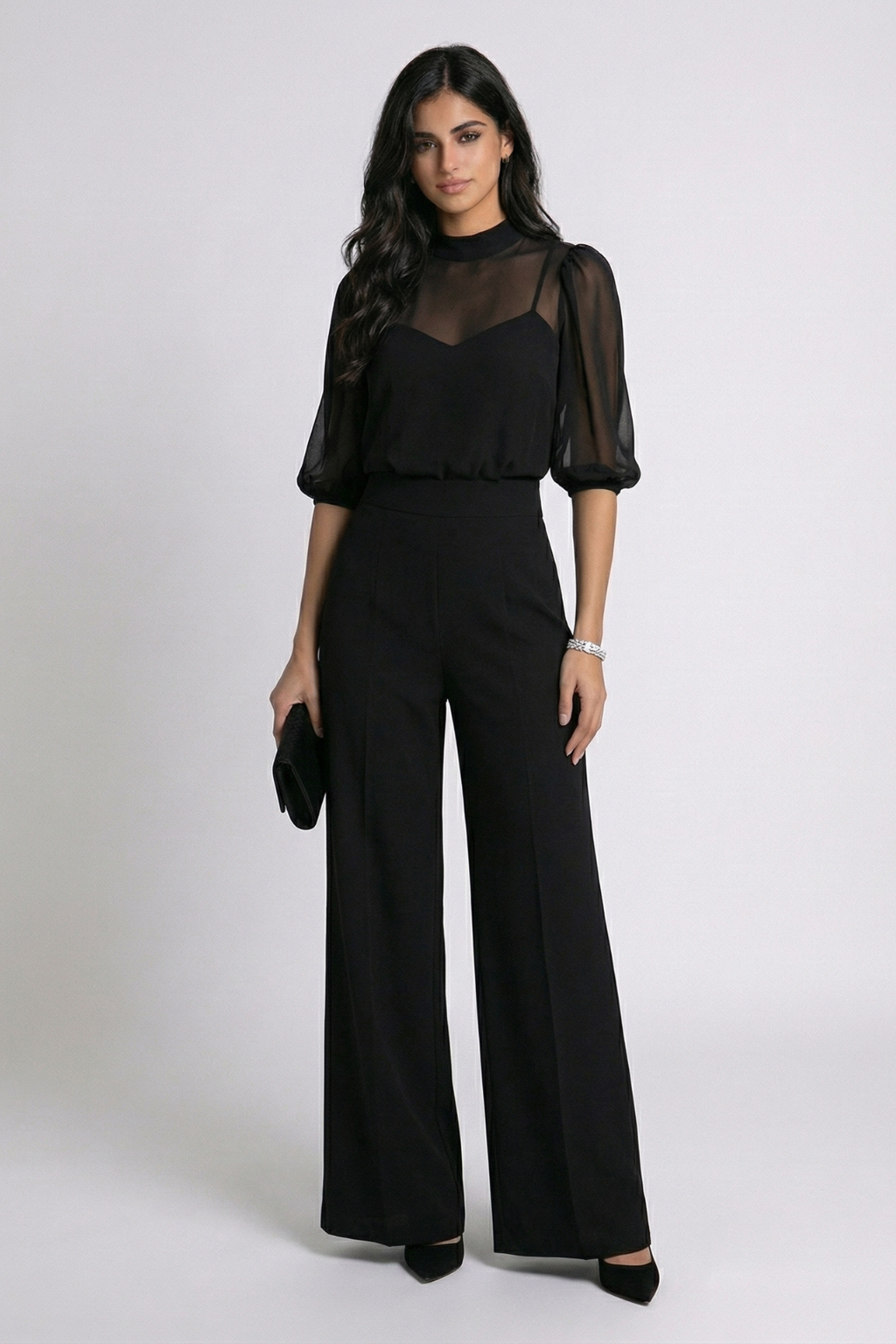 Valentina | Conjunto negro de tres piezas con top transparente y pantalón de pierna ancha