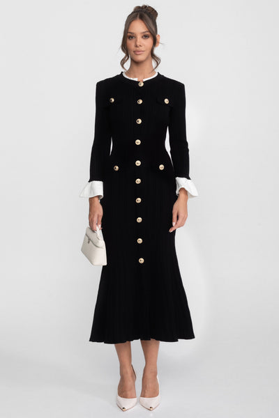 Vestido Midi de Punto Acanalado con Cuello y Puños Blancos – Negro
