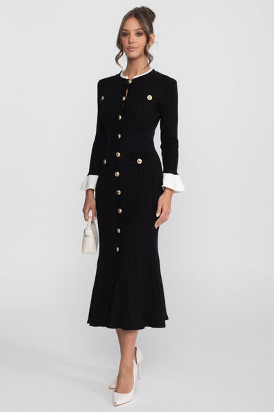 Vestido Midi de Punto Acanalado con Cuello y Puños Blancos – Negro
