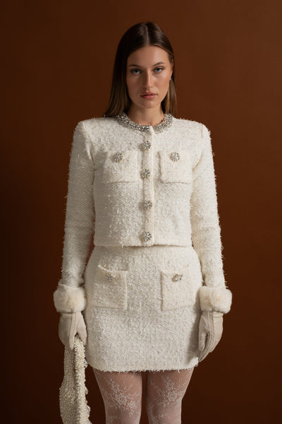 Blazer de Tweed con Cristales y Botones – Blanco